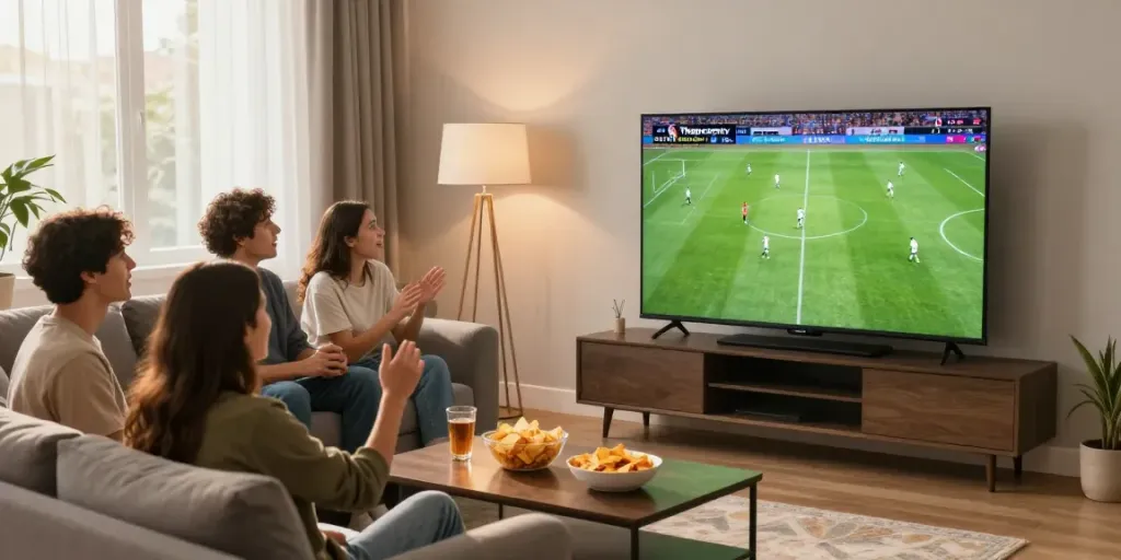 Friends enjoying a thrilling football match via Thapcamtv in a cozy living room.