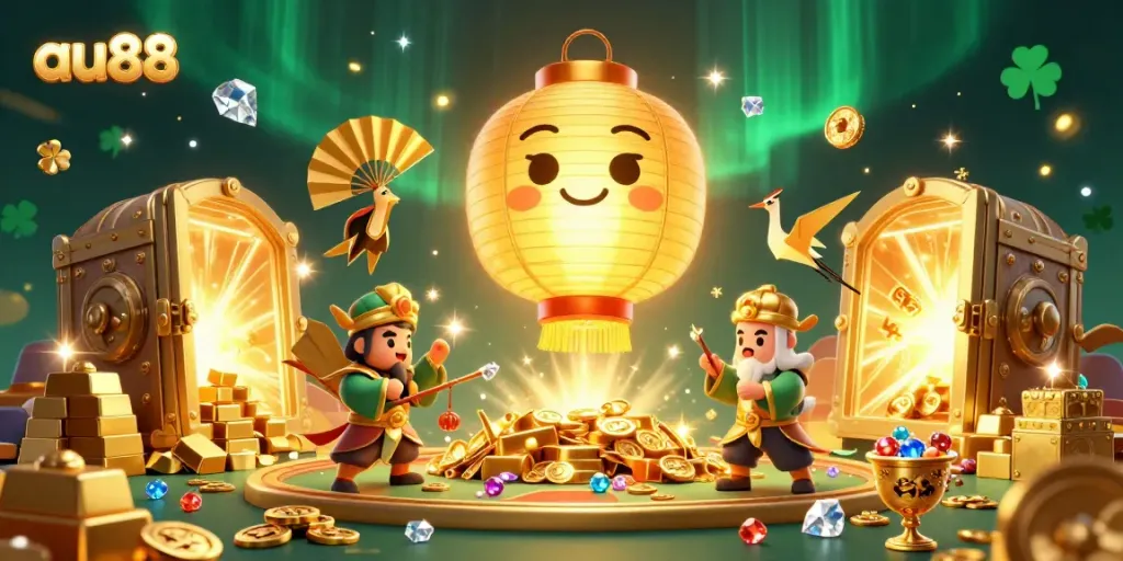 Engage with au88's vibrant gambling scene featuring glowing spirits and treasures in a lively casino.