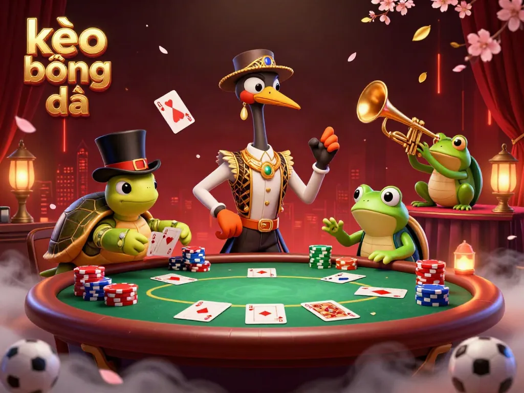 Engage with kèo bóng đá in an immersive sports betting scene, featuring a cartoon crane and turtle at a poker table.