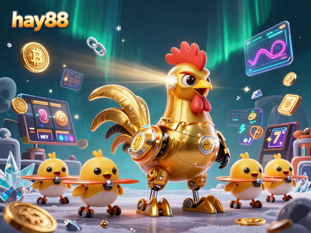 Experience excitement at hay88 with a vibrant 3D casino scene featuring a golden rooster and baby chick drones.