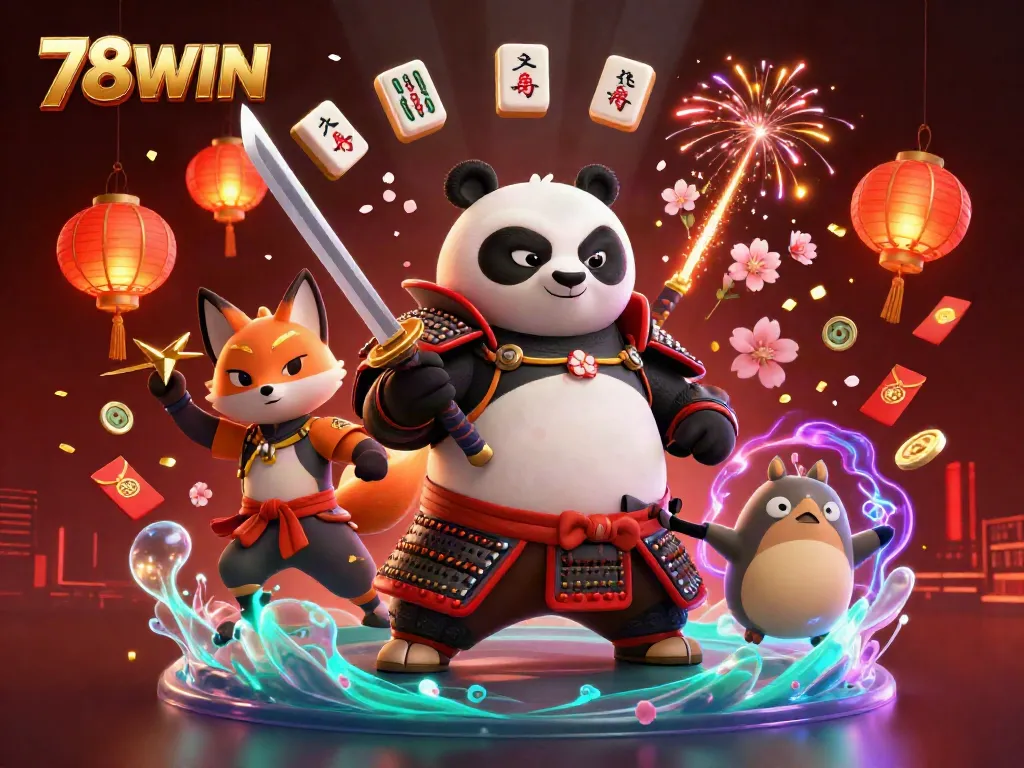 Experience the excitement of 78WIN with dynamic characters and vibrant casino elements in 3D illustration.