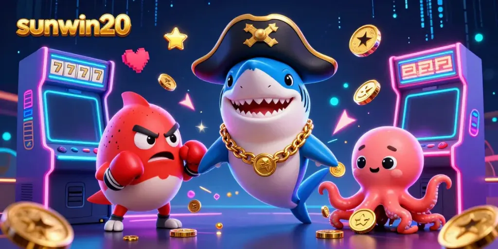 Experience the excitement of sunwin20 with a 3D pirate shark, pufferfish, and octopus illustration amidst slot machine elements.