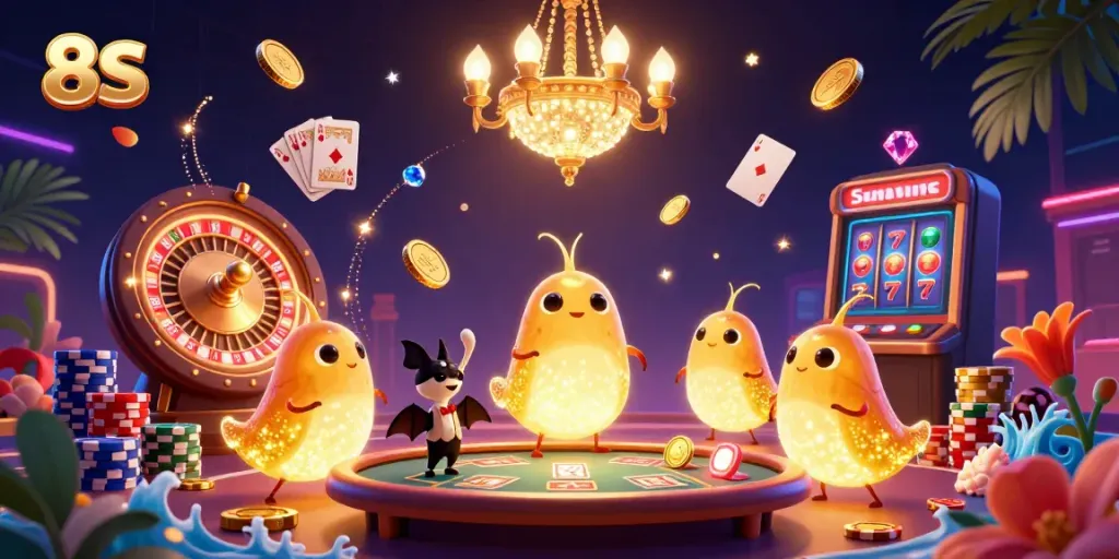 Illuminate your play at the 8S casino with vibrant glowworms and lively gaming elements.