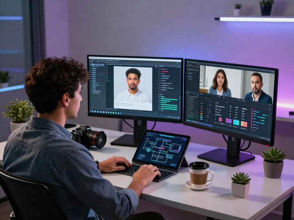 AI-driven NSFW content moderation scene, showcasing a data analyst reviewing flagged images in a modern tech workspace.