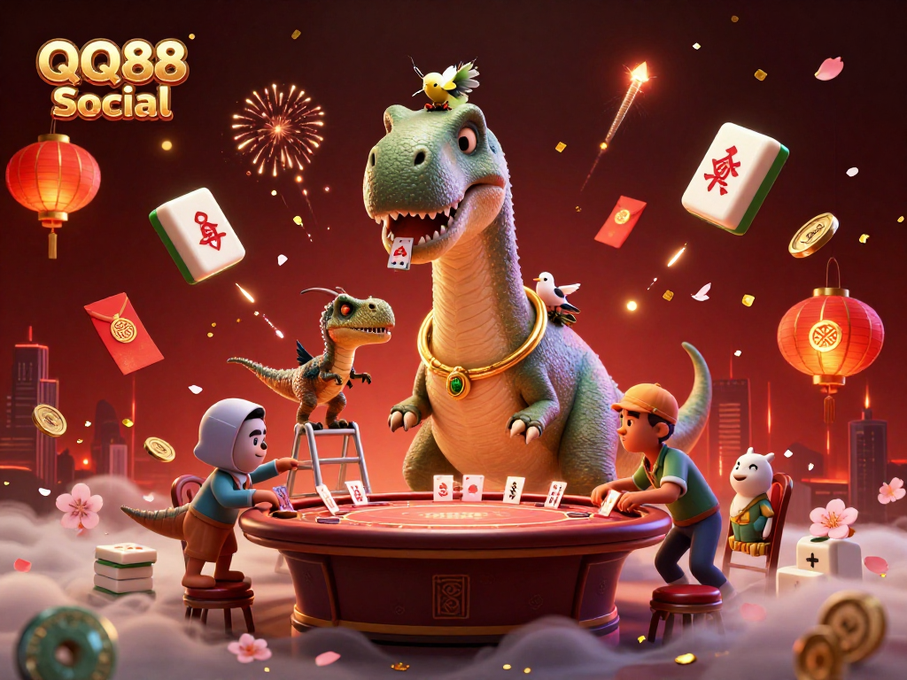 Engage with QQ88 Social as the vibrant casino scene unfolds with a playful brontosaurus and raptor dealer.