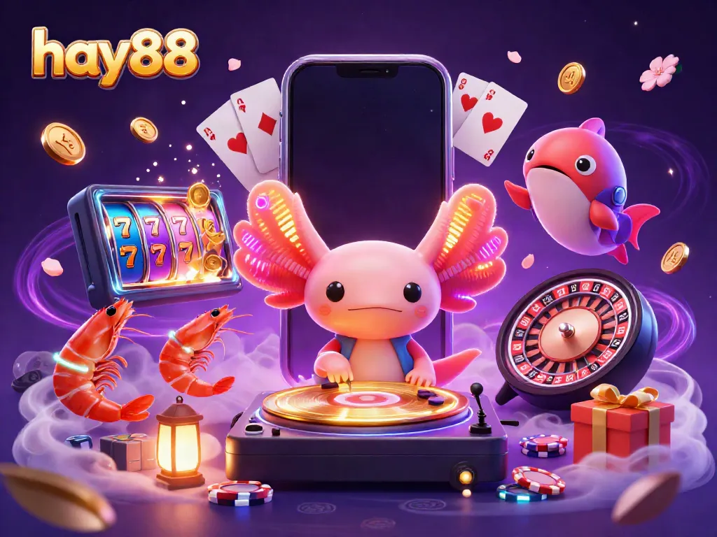 Join the fun with hay88, where a neon axolotl DJ spins while shrimp dance around vibrant casino elements.