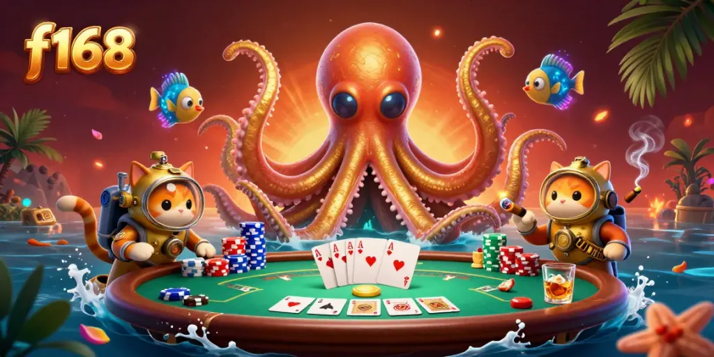 Experience the thrilling atmosphere of f168 with a kraken, poker game, and deep-sea characters in vibrant 3D.