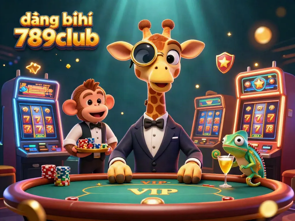 Engage in đăng ký 789club with a cartoon high-roller giraffe at a VIP poker table amidst colorful slot machines.