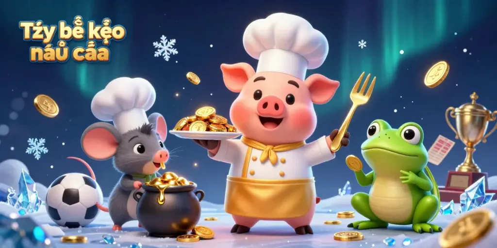 Tỷ lệ kèo nhà cái scene showing chef pig serving gold coins with sports betting elements around