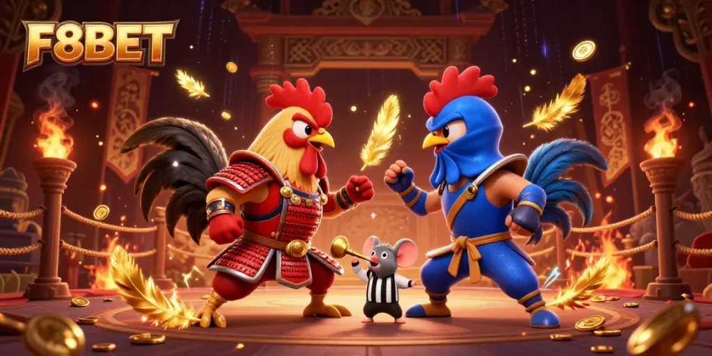 F8BET showcases a dynamic showdown between epic fighting roosters in a vibrant casino arena.