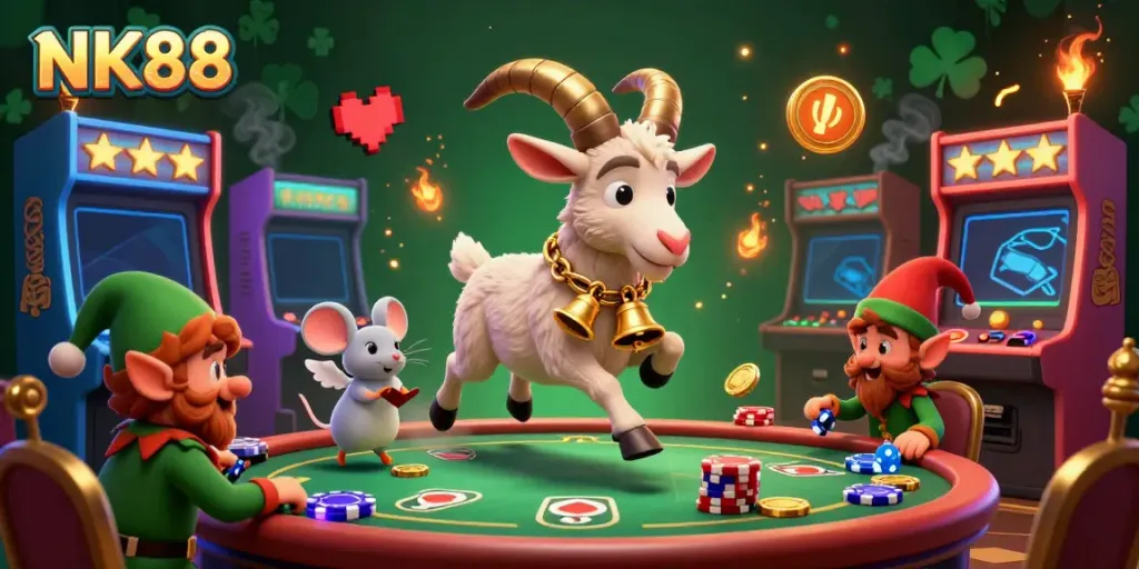 Experience NK88's vibrant casino world with festive characters and lively gaming elements.
