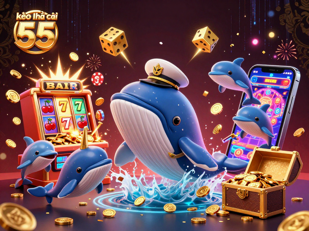 Experience thrilling gameplay with kèo nhà cái 55 as a cartoon whale breaches in a sea of coins.