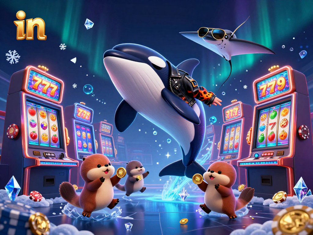 Spin the reels with in: A playful whale, stingray, and otters gather coins in a casino scene.