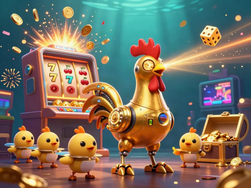 Sunwin jackpot celebration illustration with a golden rooster robot and baby chick drones in a vibrant casino scene.