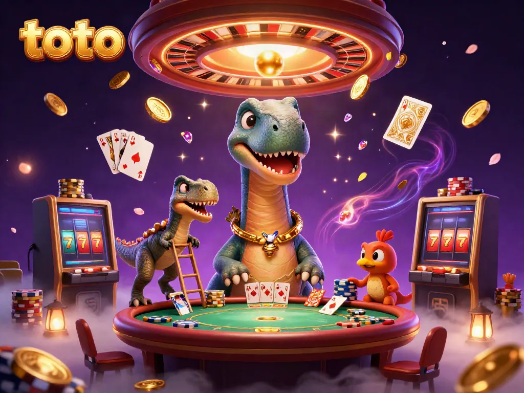Experience thrilling casino action with toto as the colossal brontosaurus towers over a vibrant poker scene.
