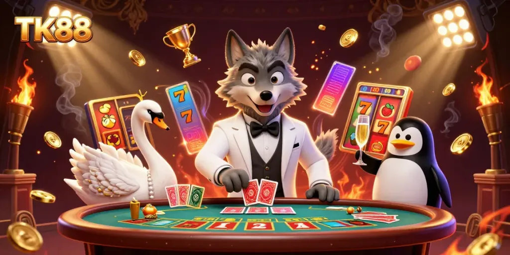 Engage with the lively TK88 casino scene featuring a debonair wolf and elegant swan dealing slot game cards.