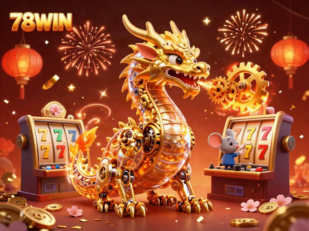 Experience thrilling gaming adventures at 78WIN with a dynamic golden dragon and exciting jackpots alongside vibrant festive elements.