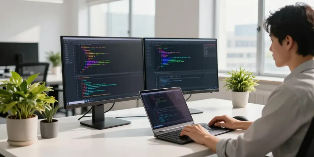 Developer utilizing instant indexing tools at a modern tech workspace
