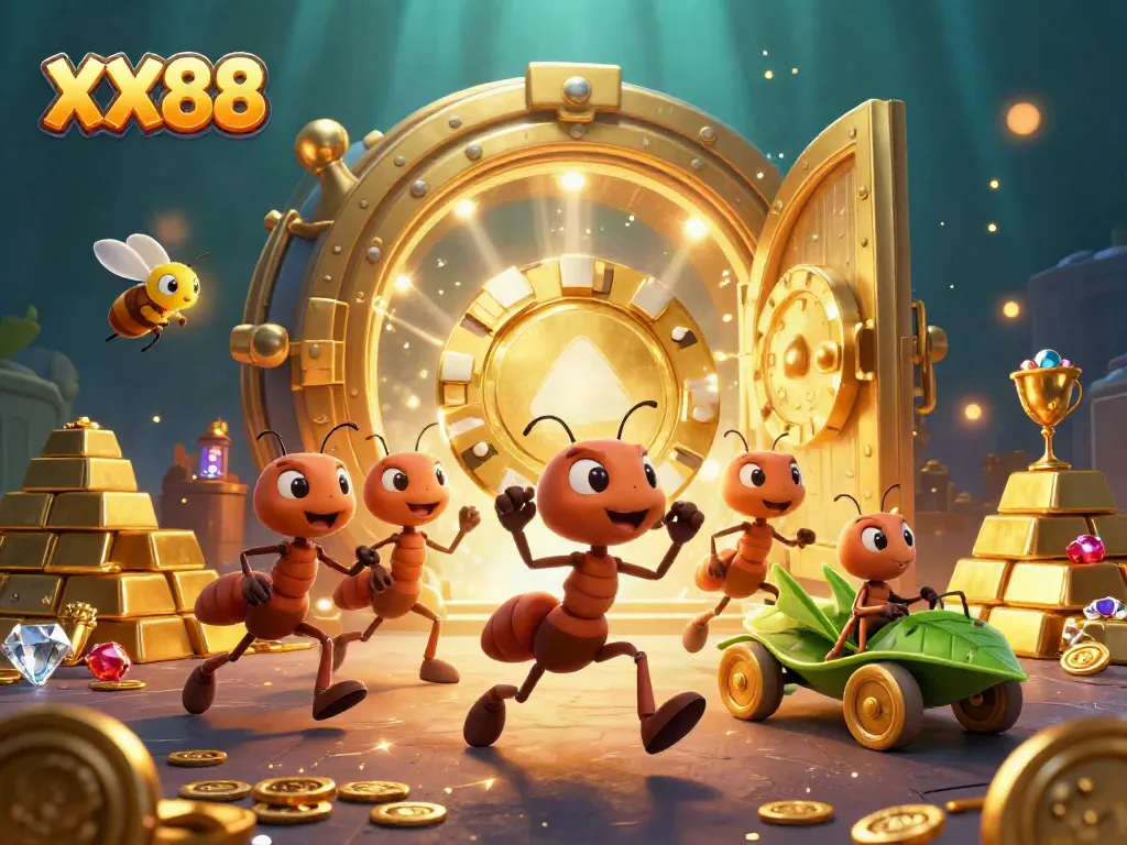Ants and fireflies orchestrating a thrilling heist with XX88's golden poker chip in this vibrant, dynamic casino art.