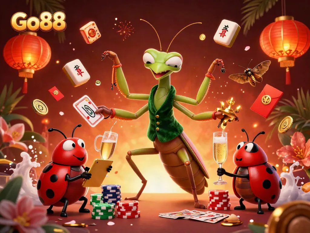 Engage with Go88 as a colorful giant praying mantis card sharp entertains players in an energetic casino scene.