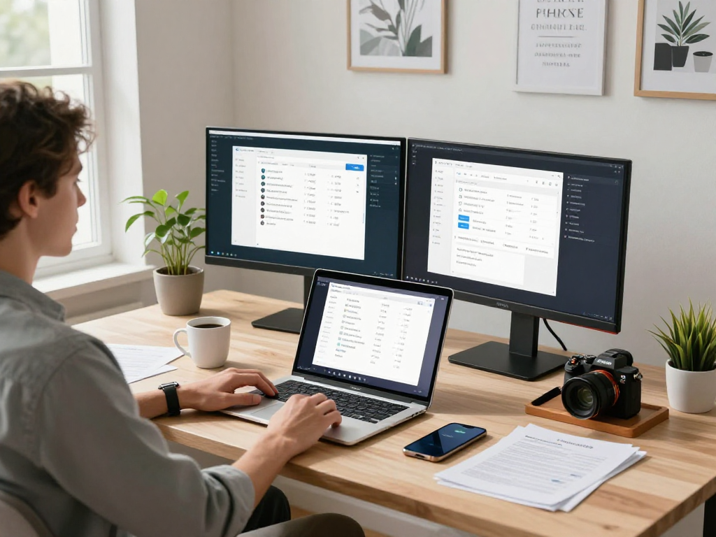 Professional using ToDesk remote desktop software in a bright home office.