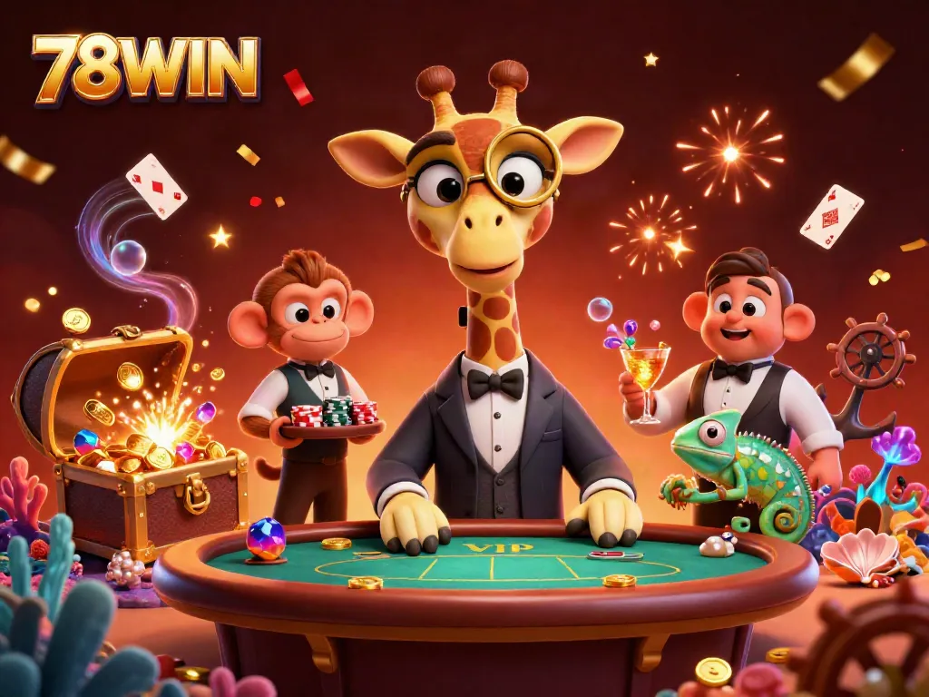 Experience the excitement at 78WIN with a vibrant casino scene featuring a giraffe, monkey, and chameleon.