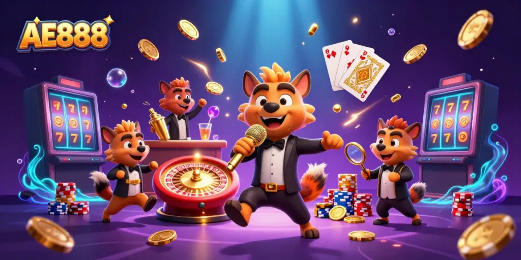 Join the excitement of AE888 with hyena characters running a vibrant casino club scene filled with golden coins and gaming elements.