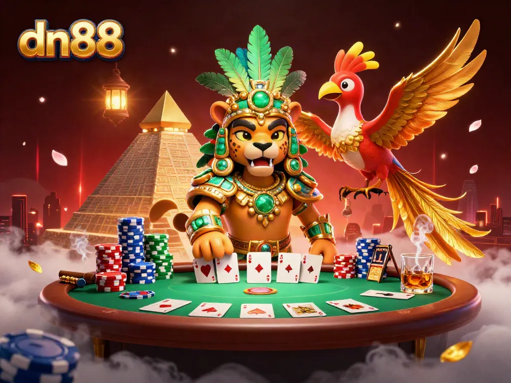 Experience the excitement of dn88 as a Mayan priest and quetzal bird animate a lavish casino scene.