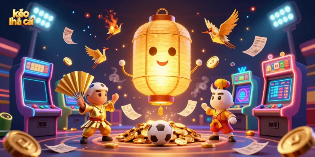 Experience kèo nhà cái in this vibrant sports betting casino illustration featuring a golden lantern spirit and dynamic game elements.