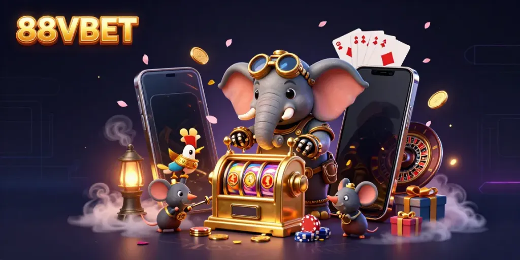 Experience winning fun at 88VBET with a steampunk elephant operating a fabulous golden slot machine.
