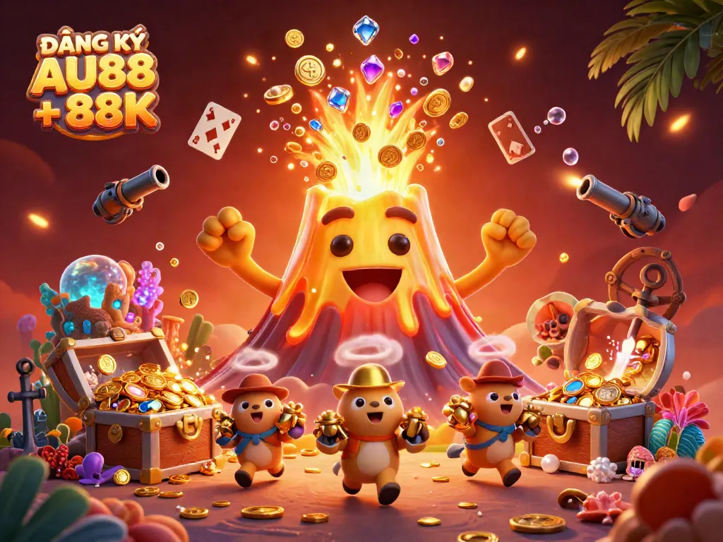 Play and win at ĐĂNG KÝ AU88 + 88K, featuring a golden volcano erupting coins and treasure in an exciting casino scene.