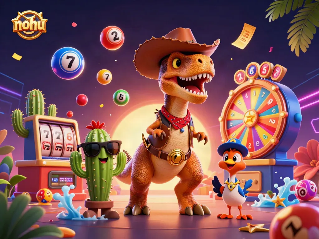 Nohu inspires gamblers with a vibrant, action-packed scene featuring cartoon characters amid colorful gaming elements.