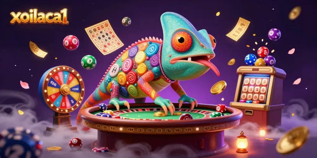 Experience thrilling gaming action with xoilaca1 featuring a chameleon casino owner amidst vibrant lottery elements.
