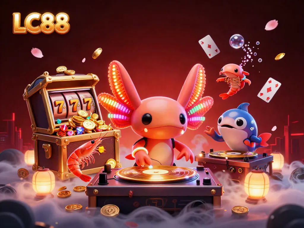 Experience vibrant gaming action with LC88 as neon-colored axolotl DJ spins at an underwater casino party.