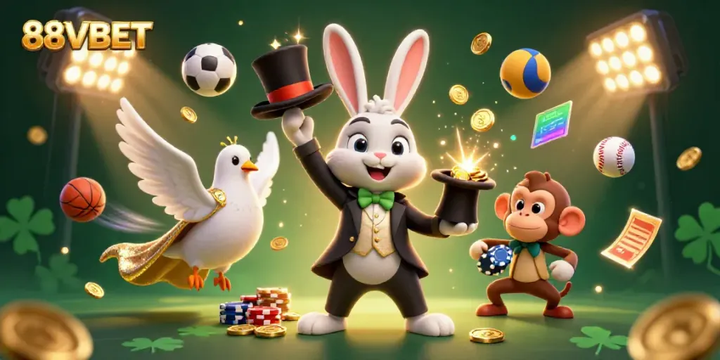 Experience the thrill of 88VBET with a whimsical 3D scene featuring a magician rabbit, dove, and monkey amidst sporting elements.