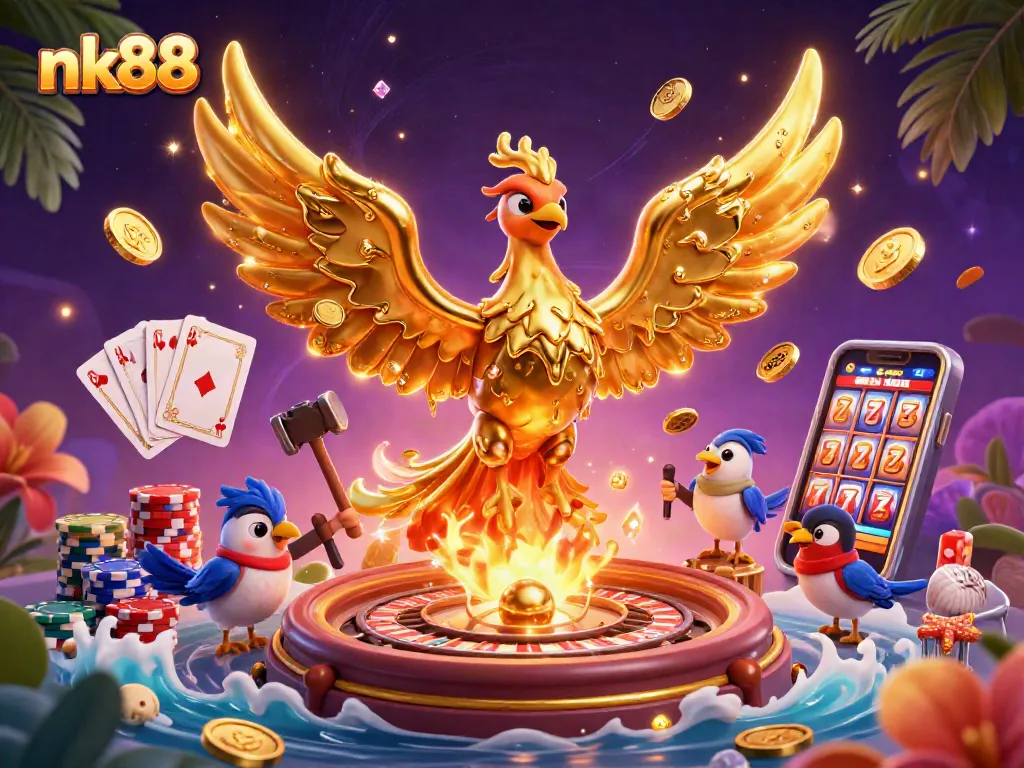 Experience thrilling excitement with nk88 as the golden phoenix emerges amidst cascading coins and vibrant casino elements.