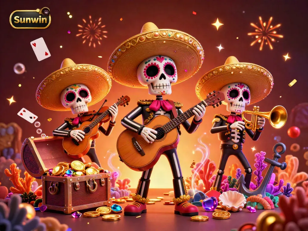 Sunwin's vibrant casino atmosphere comes alive with a mariachi band and underwater treasures, celebrating gaming excellence.