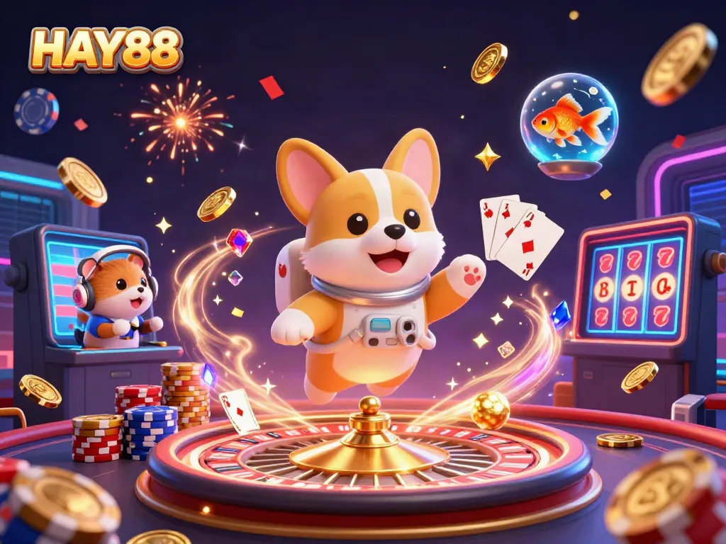 Experience the thrilling universe of HAY88 with 3D characters enjoying casino fun in space.