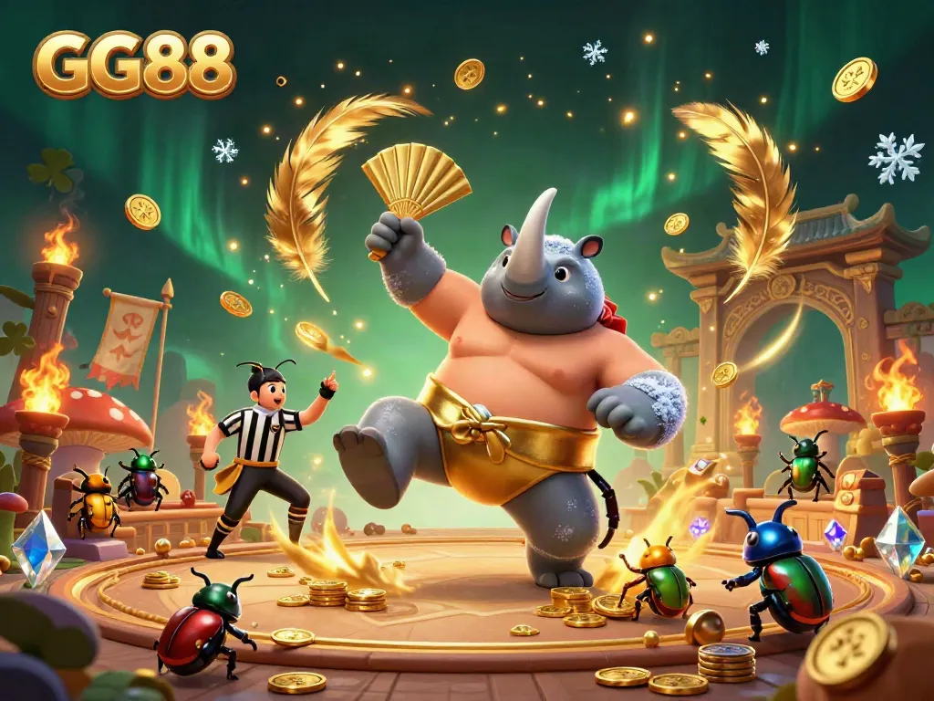 GG88 showcases a vibrant, lively casino scene with a heroic rhinoceros beetle champion and golden coins flying.