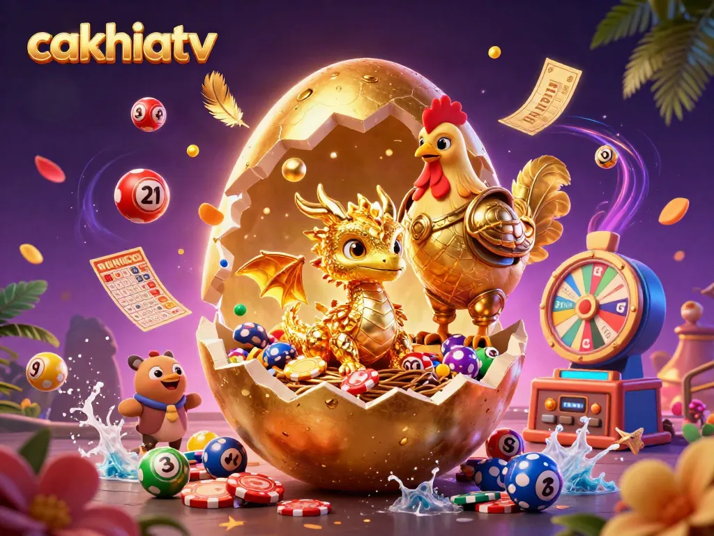 Experience thrilling moments with cakhiatv as a golden egg reveals a gold baby dragon amidst vibrant gambling elements.
