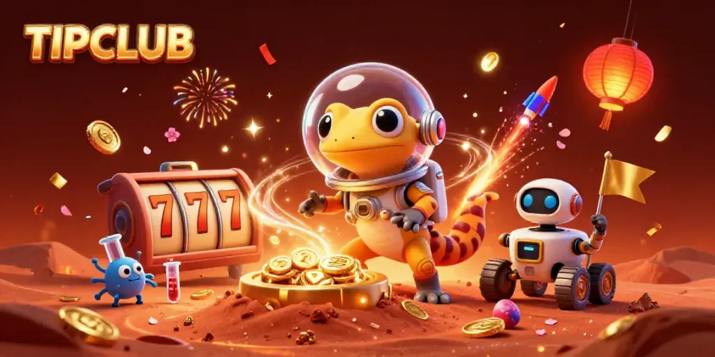 Engage with TIPCLUB in a colorful casino scene filled with Martians, slot reels, and festive confetti.