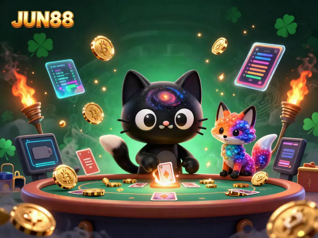 Experience thrilling gameplay with JUN88's cosmic casino adventure featuring a black hole cat and nebula fox.