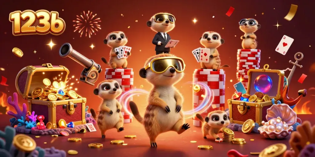 Experience the excitement at 123b with meerkats capturing the thrill of a casino adventure, surrounded by treasures.