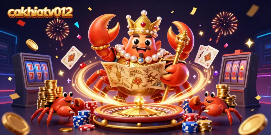 Cakhiatv012 showcases a playful 3D crab emperor amidst vibrant casino elements, celebrating big wins.