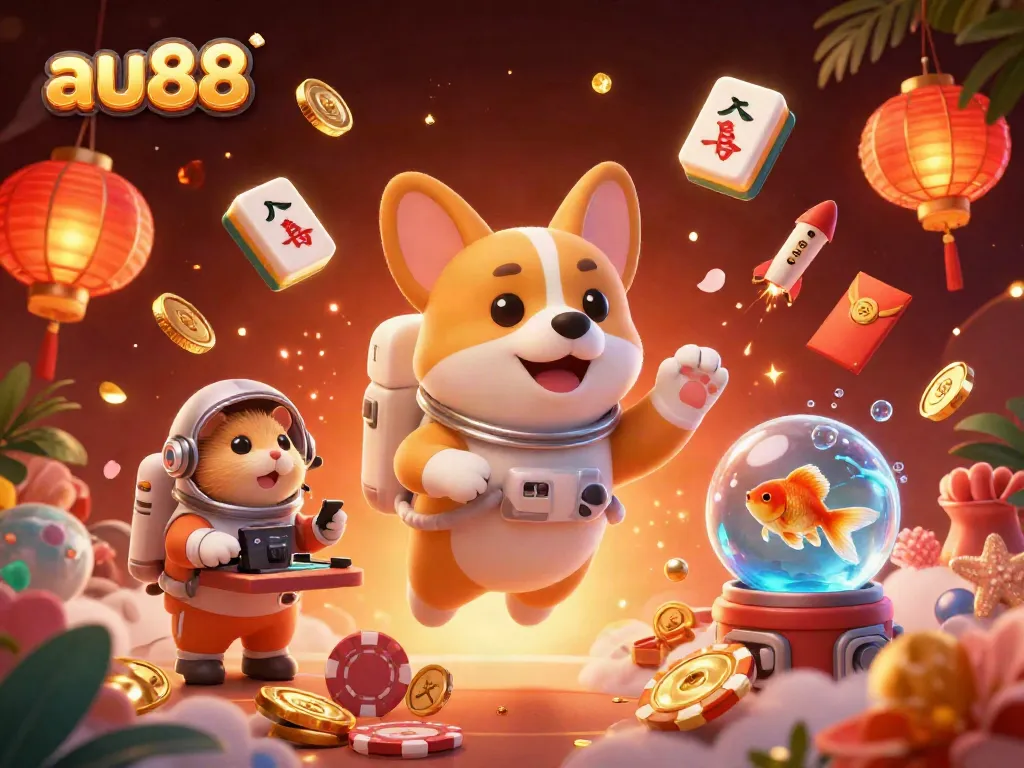 Floating in a vibrant casino universe, the au88 astronaut corgi enjoys drifting poker chips and coins.