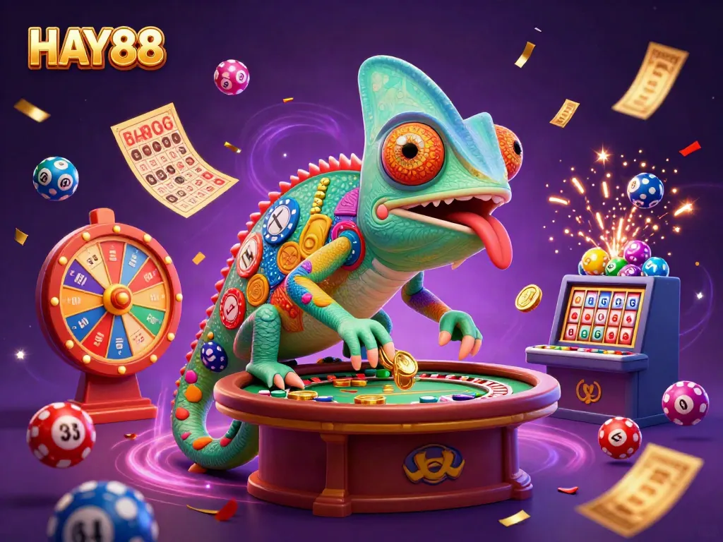 Experience the vibrant gaming world of HAY88 with a chameleon casino owner snapping golden coins amidst dynamic lottery elements.