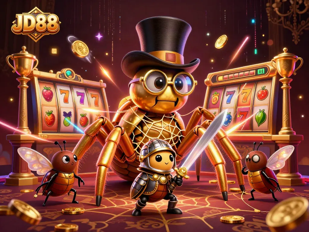Engage in thrilling slot action at JD88 with a vibrant scene depicting a golden tarantula and beetle knight.
