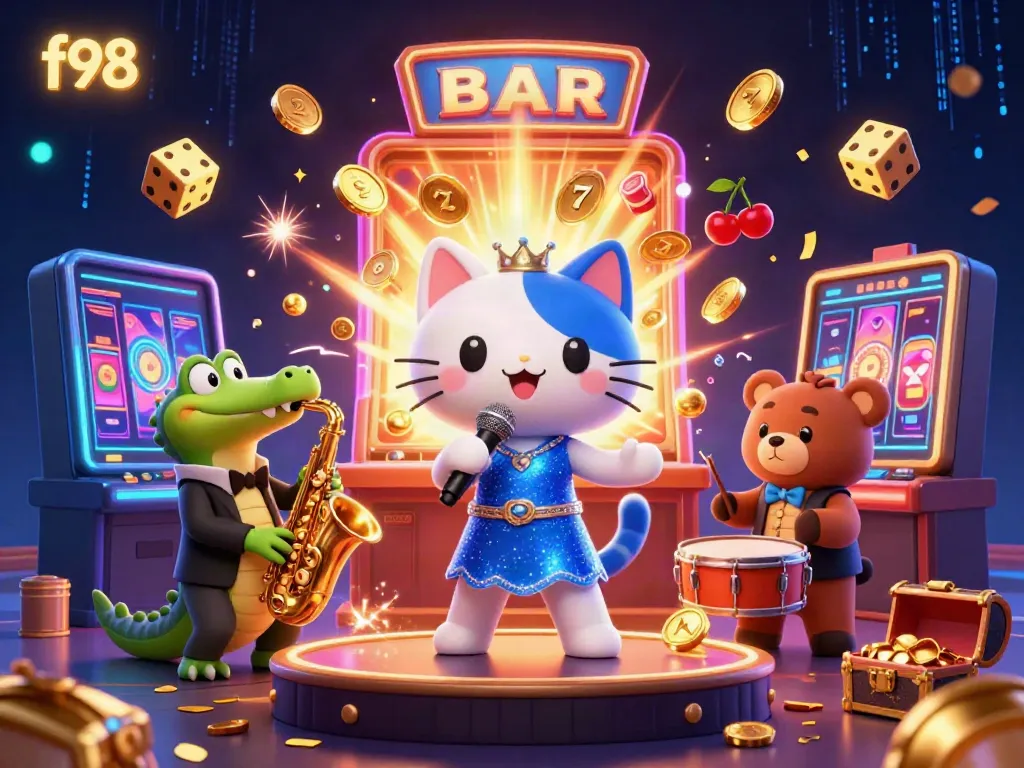 Experience thrilling moments with f98 at a vibrant casino featuring animated characters and dynamic gaming elements.
