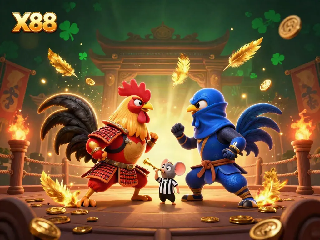 Experience thrilling X88 cockfighting action with dramatic roosters and golden battle elements.