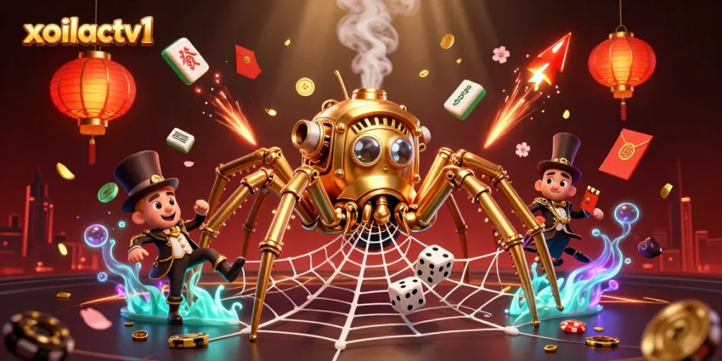 Experience the thrill of gambling with xoilactv1 as a steampunk spider catches dice in a web.